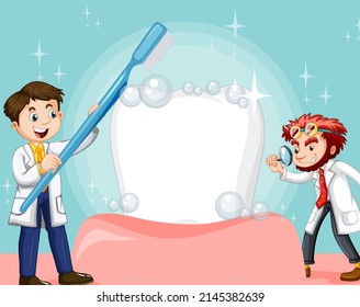 Dentist brushing bit tooth with a toothbrush on light blue background illustration