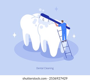 Dentista cepillándose los dientes con cepillo de dientes. Cuidado de la estomatología, Plantilla del Anuncio de limpieza. Higiene bucal, blanqueamiento dental, concepto de eliminación de placa. Ilustración vectorial isométrica plana.