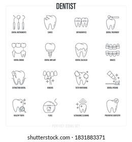 Dentist cabinet: dental instruments, toothbrush and toothpaste, caries, veneers, tooth whitening, implant, calculus, ultrasonic cleaning, orthodontics. Thin line icons set, vector illustration.