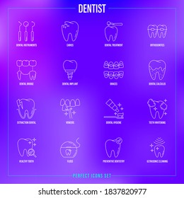 Dentist cabinet: dental instruments, toothbrush and toothpaste, caries, veneers, tooth whitening, implant, calculus, ultrasonic cleaning, orthodontics. Thin line icons set, vector illustration.