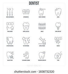 Dentist cabinet: dental instruments, toothbrush and toothpaste, caries, veneers, tooth whitening, implant, calculus, ultrasonic cleaning, orthodontics. Thin line icons set, vector illustration.