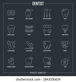 Dentist cabinet: dental instruments, toothbrush and toothpaste, caries, veneers, tooth whitening, implant, calculus, ultrasonic cleaning, orthodontics. Thin line icons set, vector illustration.