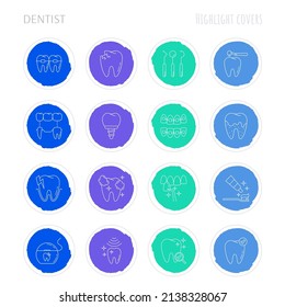 Dentist cabinet: dental instruments, toothbrush and toothpaste, caries, veneers, tooth whitening, implant, calculus. Highlights for stories. Thin line icons set, vector illustration