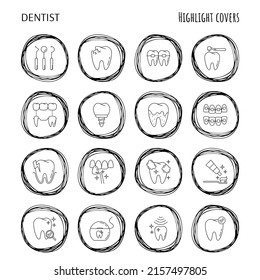 Gabinete de dentistas: instrumentos dentales, cepillo de dientes y pasta dental, caries, veneers, blanqueamiento dental, implante, cálculo, ortodoncia. Puntos destacados para las historias. Juego de iconos de línea delgada, ilustración vectorial.