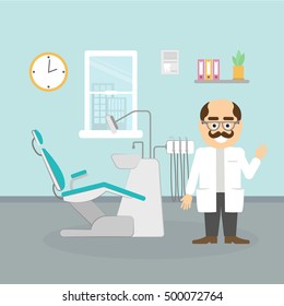 Dentist at the cabinet. Modern cabinet with equipment and tools. Professional man with moustache in white. Happy smiling dentist.