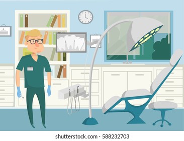 Dentist at the cabinet. Modern cabinet with equipment and tools. 