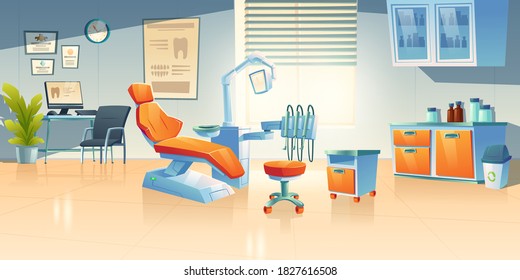 Dentist Cabinet, Stomatology Room In Clinic Or Hospital. Vector Cartoon Interior Of Empty Dental Office With Doctor Table And Chair With Lamp And Tools For Tooth Treatment, Clean And Oral Care