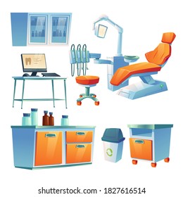 Dentist cabinet, stomatology room in clinic or hospital. Vector cartoon interior isolated set of dental office with doctor table and chair with lamp and tools for tooth treatment, clean and oral care