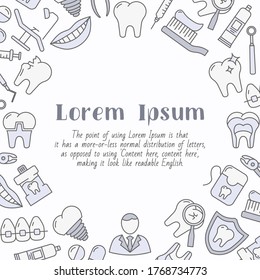 Dentist - card with text and vector color illustrations of medicine, tooth, toothbrush, toothpaste, caries and floss for graphic design