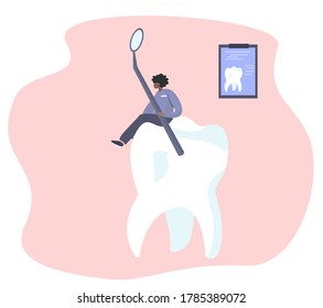 Dentist Care of Big Tooth with Equipment.Dental Clinic Concept.Dentist Sitting on Huge Tooth and Treat it.
Stomatology and Orthodontics Medical Center
Dental Care.Flat Vector Illustration