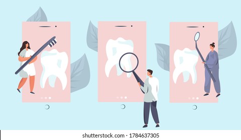 Dentist Care of Big Tooth with Toothbrush.Dental Clinic Concept.Dentist Standing around Huge Tooth and Treat it.
Stomatology and Orthodontics Medical Center
Dental Care.Flat Vector Illustration