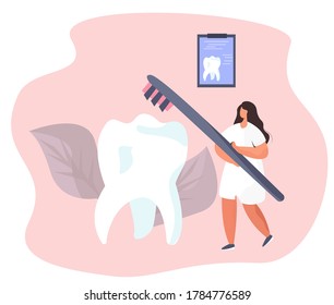Dentist Care of Big Tooth with Toothbrush.Dental Clinic Concept.Dentist Standing around Huge Tooth and Treat it.
Stomatology and Orthodontics Medical Center
Dental Care.Flat Vector Illustration