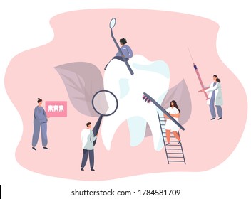 Dentist Care of Huge Tooth with Toothbrush and Equipment. Dental Clinic. Dentist Standing around Tooth and Treat it. Stomatology and Orthodontics Medical Center. Dental Care.Flat Vector Illustration