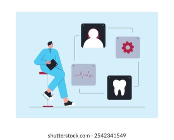 O dentista examina cuidadosamente os dentes do paciente, ilustração vetorial.