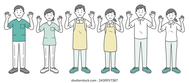 Dentist and caregiver men and women raising their hands