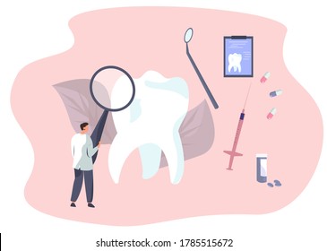 Dentist Cares for Huge Tooth. Dental Clinic Concept. Dentist Standing around Huge Tooth, treating it. Stomatology and Orthodontics Medical Center Dental Care. Flat Vector Illustration