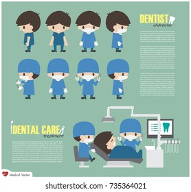 Dentist cartoon character and Dental care unit in hospital . Vector . Flat design .