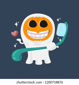 The Dentist Cartoon Character Design Cute Ghost Pumpkin Smile Hold Brush Teeth with Braces, Halloween Concept Vector Illustration.