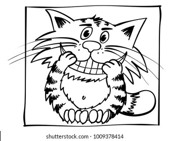Dentist  cat. Smiley kitty. Funny infantile outline sketch cat for coloring book. Animal with big tooth. Doodle  cartoon happy tom
