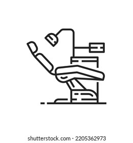 Dentist chair and dental equipment isolated outline icon. Vector modern dental station, lamp and instruments. Dentistry office furniture, comfortable armchair in stomatology, empty dent seat