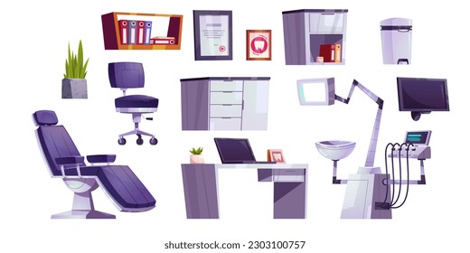 Dentist chair in hospital office cabinet vector. Dental practice interior with tooth machine equipment and orthodontic treatment. Stomatology doctor instrument and furniture for consulting clipart set