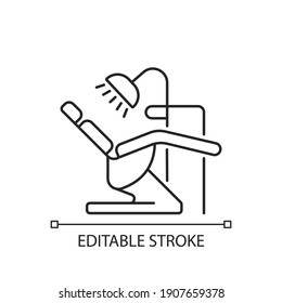 Dentist chair linear icon. Dental equipment. Professional stomatology equipment. Caries treatment. Thin line customizable illustration. Contour symbol. Vector isolated outline drawing. Editable stroke