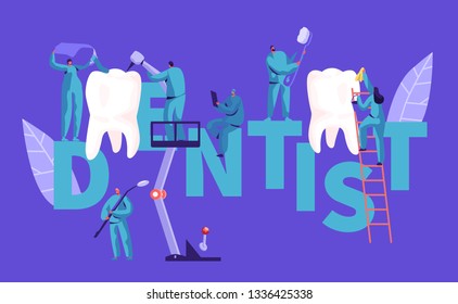 Carácter dentista Limpio Gran Cartel Blanco. Antecedentes Clínicos Odontológicos. El equipo de profesionales trabaja en el cartel publicitario de la estomatología. Ilustración de vectores planos de dibujos animados