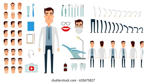 Dentist character creation set. Icons with different types of faces, emotions, clothes. Front, side, back view of male person. Moving arms, legs. Flat and cartoon style. Vector illustration.