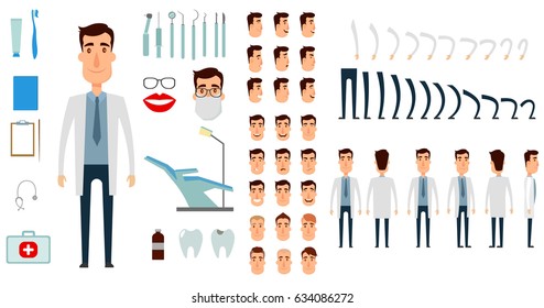 Dentist character creation set. Icons with different types of faces, emotions, clothes. Front, side, back view of male person. Moving arms, legs. Flat and cartoon style. Vector illustration.