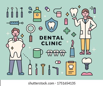 Dentist character and dental icons. flat design style minimal vector illustration.