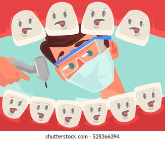 Dentist character looking into open mouth of patient. Vector flat cartoon illustration