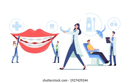 Dentist Characters Install Dental Braces to Patient , Orthodontist Treatment, Dentistry Concept, Equipment Installation for Teeth Alignment, Orthodontic Doctors. Cartoon People Vector Illustration