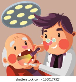 Dentist check old man teeth to make sure everything is fine 
