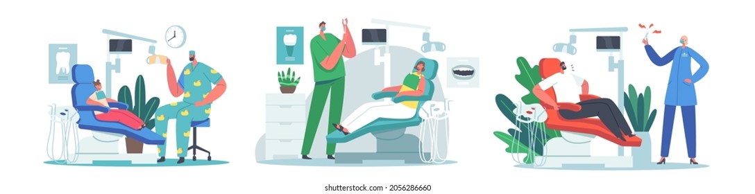 Dentist Check Up or Treatment Procedure. Adult and Children Patients Lying in Medical Chair in Stomatologist Cabinet Feel Fear. Doctor Conduct Teeth Caries Treating. Cartoon People Vector Illustration