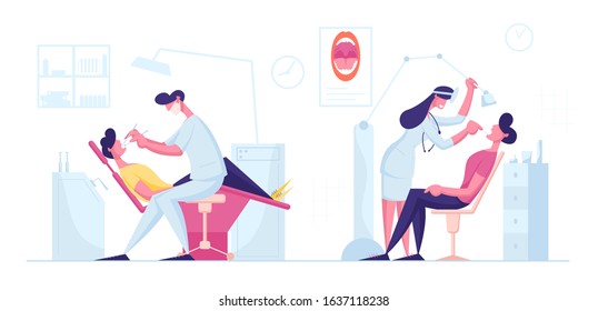 Dentist Check Up or Treatment Procedure. Man Lying in Medical Chair in Stomatologist Cabinet with Equipment. Male and Female Doctors Conducting Teeth Caries Treating. Cartoon Flat Vector Illustration