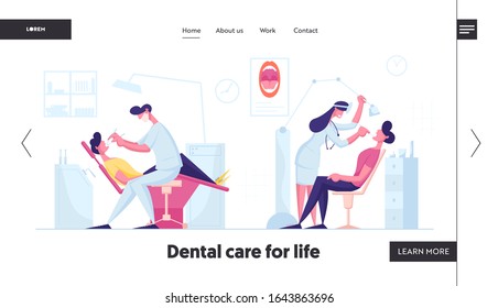 Dentist Check Up or Treatment Procedure Website Landing Page. Man Lying in Medical Chair in Stomatologist Cabinet. Doctors Conducting Teeth Treating Web Page Banner. Cartoon Flat Vector Illustration