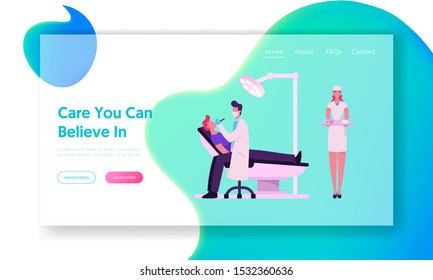 Dentist Check Up or Treatment Website Landing Page. Man Patient Lying in Medical Chair in Stomatologist Cabinet Doctor Treat Client Teeth with Nurse Web Page Banner. Cartoon Flat Vector Illustration