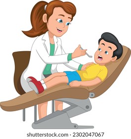 Dentist checking boy's teeth cartoon