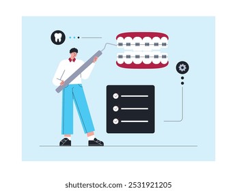 Dentista verificando aparelho recentemente instalado nos dentes do paciente, ilustração vetorial.