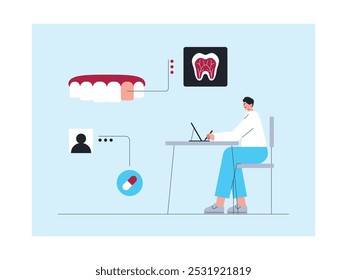 Dentista verificando dados do paciente com saúde dentária ruim, ilustração vetorial.