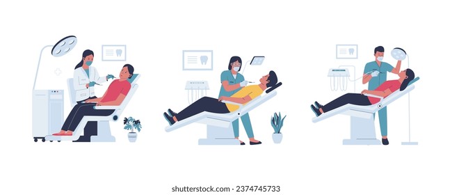 The dentist is checking the patient's teeth in a chair. Medicine dental concept. Flat vector style collection set