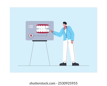 Dentista verificando os dentes para manter a saúde bucal e gengival, ilustração vetorial.