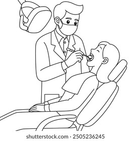 Dentist Checking Teeth for Patient Outline Coloring Page. Labor Day Hand Drawn Clip art