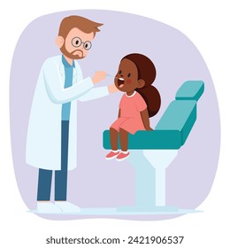 Dentist and Child Patient, Male Dental Doctor Examining Little Black Girl's Teeth with Dental Equipment, Cartoon Vector Flat Illustration