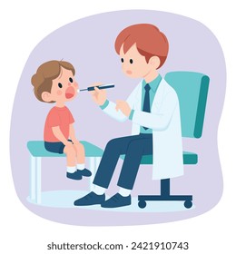 Paciente dentista e infantil, doctor dental masculino examinando los dientes de niño pequeño con espejo dental, ilustración plana vectorial de dibujos animados