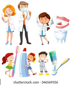 Dentist and children brushing teeth illustration