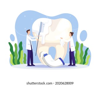 Dentist cleaning teeth illustration. Oral health and dentistry hygiene. Dentist cleaning and brushing big tooth with toothbrush and paste. Vector illustration in a flat style