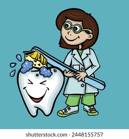 dentist cleaning a tooth with a toothbrush cartoon style vector
