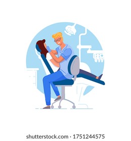 Dentist clinic. Doctor specialist man examining or treating woman patient teeth. Person in chair visiting dentist in dental clinic office. Stomatologist exam, consultation, dentistry concept