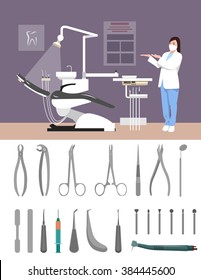 Dentist clinic interior vector illustration in flat style. Dental tools isolated on white background. Nurse in hospital room. Office, dental chair, doctor, instruments.